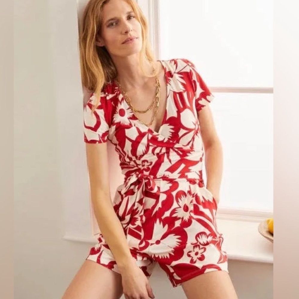 Boden Bloom Caroline Jersey Knit Romper Red Tropical MISSING BELT Sz 6